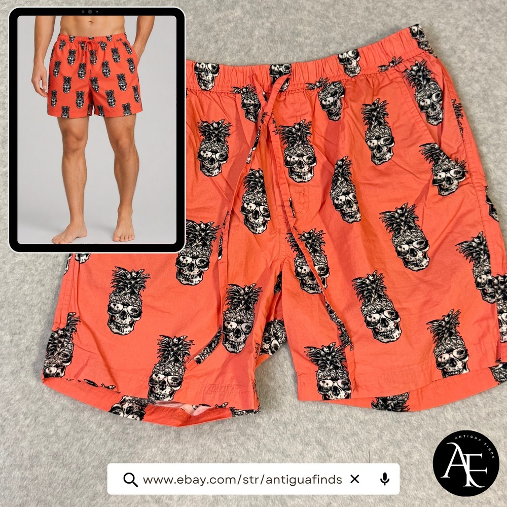 Massive Mens Pineapple Skull Shorts Coral Pink Tropical Gothic Drawstring Large